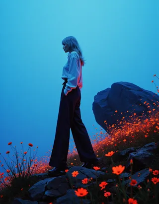 Side profile of a woman walking on a rocky hill covered with bright orange flowers under blue foggy ambient light.