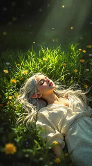 A young elf girl with long silver hair lies peacefully on sunlit vibrant green grass surrounded by wildflowers in an enchanted forest, bathed in soft golden rays.