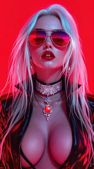 Digital portrait of a platinum blonde person wearing red aviator sunglasses, glossy black leather jacket, and sparkling choker, set against a vibrant red background.
