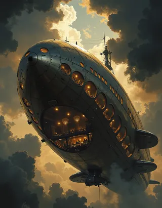 A huge silvery 1930s airship flying over Paris with large portholes showing a luxurious audience inside, illuminated by warm lights against a cloudy sky at sunset.