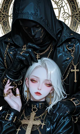 A detailed digital artwork featuring a figure in black leather attire with a hood and black gloves, adorned with multiple gold cross necklaces and rings, standing behind a pale-skinned person with white hair and golden eyes, also wearing gold cross earrings and necklaces against a white background with an ornate magic circle.