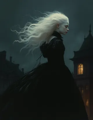 An albino Victorian girl with long flowing white hair wearing a black corseted Victorian dress floats over a dark Victorian London skyline at night, illuminated softly in Rembrandt lighting.