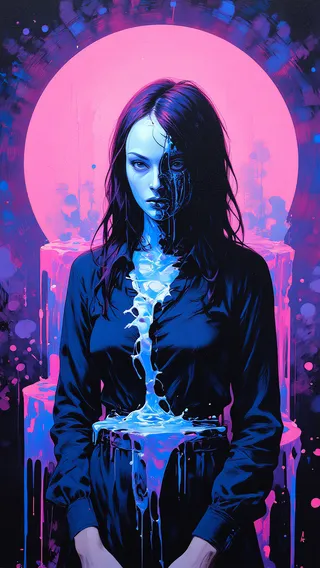 A surreal acrylic painting featuring a woman with long dark hair wearing an indigo shirt. Half of her face is covered by a melting mask that drips downward. Behind her is a large pink full moon with purple and blue melted colors flowing, set against a violet and pink ombre background.