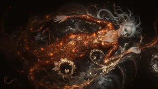 A mature fairy with silver hair floats in a dark space filled with swirling bronze and orange patterns. She wears a detailed gown shimmering with volcanic colors, surrounded by glowing tendrils that outline an ethereal cat shape in the background.