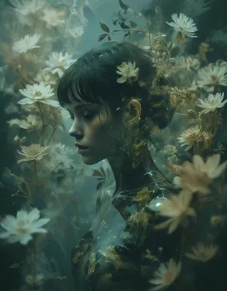 Profile of a young woman surrounded by delicate white flowers with a soft khaki color palette, created using multiple exposure and low-key lighting in digital art style.