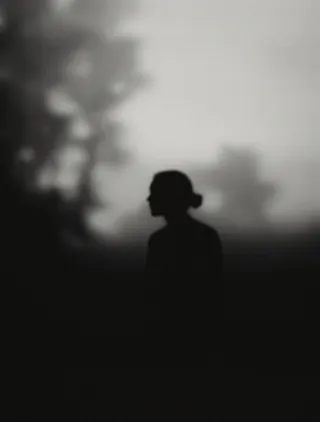Black and white silhouette of a woman against a blurred, atmospheric background with ethereal grain and abstract forms
