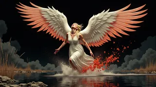 A divine angel with large fiery white and orange wings sprinting through a dark pond, splashing water and red flower petals around her.