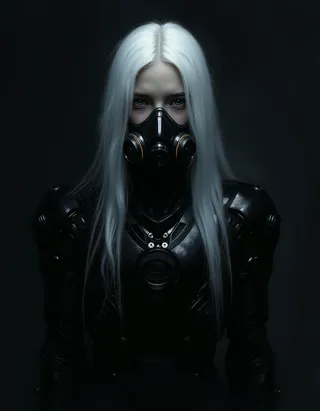 Teen girl with long white hair and blue eyes wearing a sleek black Iron Man suit and a futuristic gas mask, set in a dark spaceship illuminated by Rembrandt lighting.