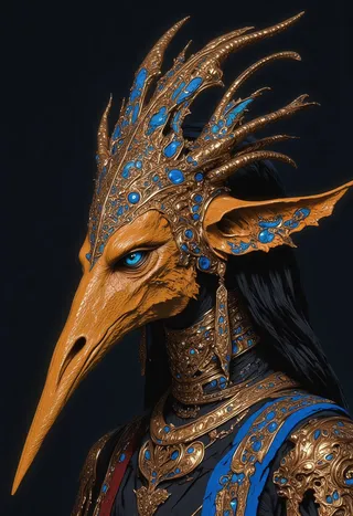 Detailed fantasy mask featuring a long taupe beak with ornate gold and blue gemstone decorations, worn on a mythical creature with elaborate armor.