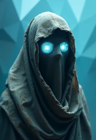 Cloaked ancient female figure with glowing blue crystal eyes and face wrapped in fabric adorned with intricate hieroglyphs, set against polygonal blue gradient background.