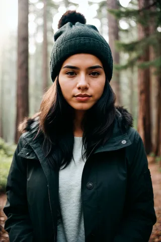 Portrait of a woman wearing a dark beanie and fur-lined parka standing in a redwood forest, with sharp focus on her textured skin and soft bokeh background.