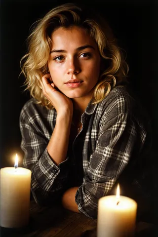 Portrait of a woman with blonde afro hair wearing a plaid flannel shirt, illuminated by candlelight in a dark cave setting, showing textured skin and a contemplative expression.
