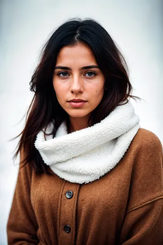 Close-up portrait of a woman with textured skin and dark hair wearing a white fluffy scarf and a brown coat in a winter setting.