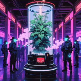 A neon-lit cyberpunk indoor hall with a large glass cylinder in the center containing dark green plants, surrounded by masked figures in black suits emitting electric-colored smoke.