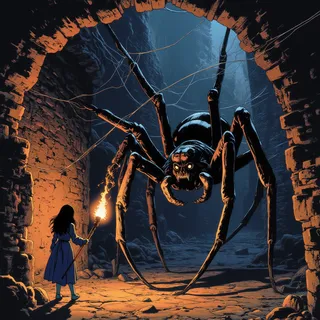 A woman holding a lit torch faces a massive black spider with glowing eyes inside a dark, ancient stone alcove covered in webs.