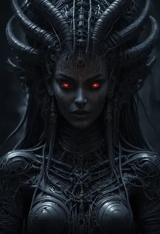 Hyperrealistic depiction of Maha Kali with dark cybernetic armor, intricate mechanical details, and glowing red eyes in moody lighting inspired by H.R. Giger.