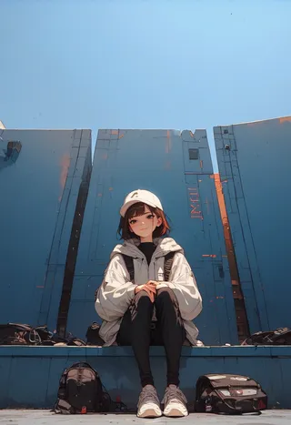 A young girl sitting in front of a tall blue building under a clear sky, wearing a white baseball cap, white jacket with hood, black pants, and white sneakers, with backpacks around her.