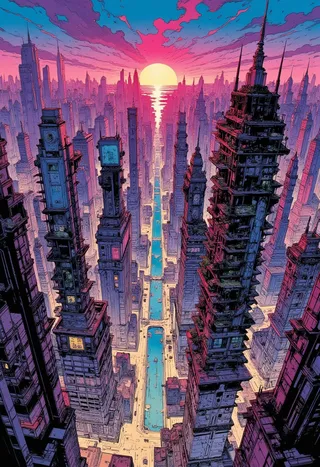 Top-down comic book illustration of a sprawling futuristic metropolis with towering skyscrapers and a neon-lit sunset sky, featuring vertical gardens and intricate architecture.
