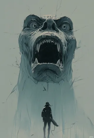 Dramatic digital art showing a monstrous creature with sharp teeth roaring from below, looming over a solitary silhouetted figure with a hat and a weapon.