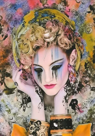 Surreal artistic portrait of a person with elaborate colorful makeup, curly hair adorned with a yellow headband, and golden accessories, set against an abstract textured background.