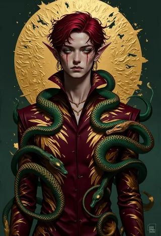 Stylized male elf with medium red tousled hair, glowing green eyes with vertical pupils, scarred skin, wearing a dark burgundy robe with gold and green glowing snakes coiling around him