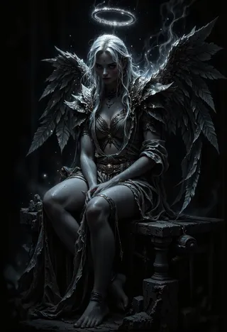 A dark angel with glowing halo, large feathered wings, delicate features, and ethereal light, seated in a shadowy, crumbling room.