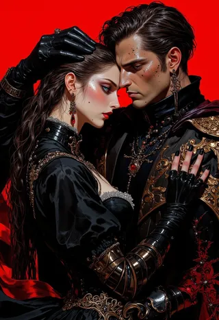 Dramatic close-up of an intense gothic couple dressed in elaborate black leather and lace attire against a vivid red background, showing romantic and dark elegance.