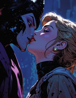 Digital illustration of Maleficent and Cinderella in a romantic close-up kiss, featuring low saturation and a cyberpunk style with shadowy blue gradient background.