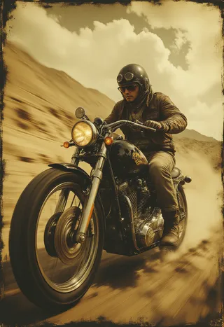 A vintage motorcycle rider wearing a leather jacket and retro helmet with goggles speeds along a dusty road under a cloudy sky, captured in sepia tones with motion blur.