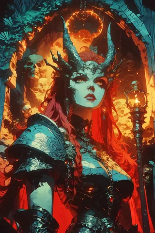 A female warrior with fiery red hair and ornate fantasy armor stands in a dark lair filled with giant dragon skulls, scattered treasure, and glowing torchlight.