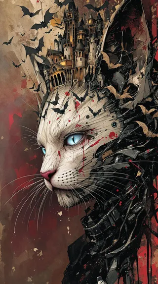 Close-up portrait of a cybernetic anthropomorphic cat vampire with jagged castle and bats emerging from its head, detailed with splattered blood and advanced cybernetic textures in a cinematic lighting environment.