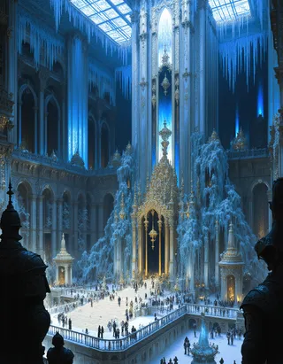 Panoramic view of a grand imperial palace atrium with ice stalactites hanging from the glass ceiling, a frozen princess sitting on a golden throne in the center, guarded by ice warriors amid cold blue tones.