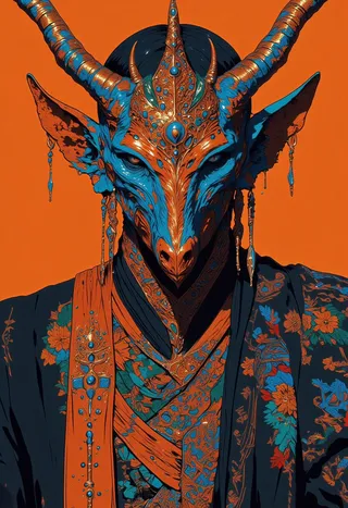 A detailed fantasy mask of a horned creature adorned with blue and orange colors, wearing ornate jewelry and decorative robes against an orange background.
