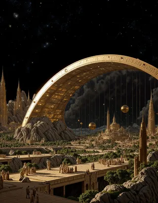 Panoramic lunar landscape featuring a massive semicircular gold-toned glass dome housing a city with skyscrapers and gardens, beneath a starry night sky with the Milky Way.