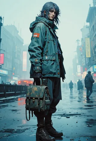 Girl with blue hair and blue jacket holding a worn purse standing on a wet, foggy city pavement with blurred urban buildings and pedestrians in the background.