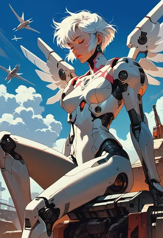 A futuristic cyborg android with short white hair and mechanical angel wings sitting outdoors under a blue sky with clouds and flying aircraft.