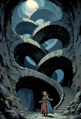A comic book style illustration of a stone spiral staircase inside a dark underground cave, with a mysterious figure in a cloak standing at the bottom.