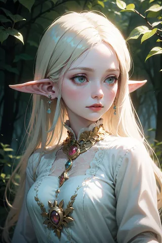 A fantasy elf portrait featuring a serene young female with long blonde hair, pointed ears, and intricate gold jewelry adorned with colorful gems, surrounded by soft natural lighting and a mystical woodland background.