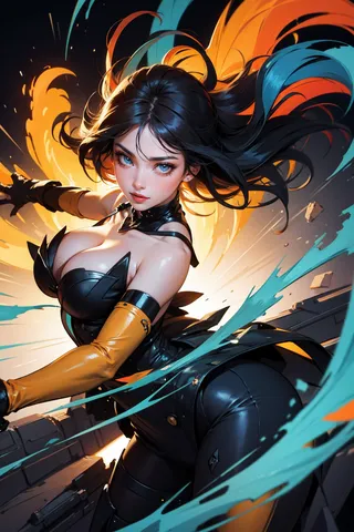 A dynamic female character with glowing blue eyes wearing a tight black outfit and orange gloves, surrounded by swirling orange and blue energy with a highly detailed and colorful background.