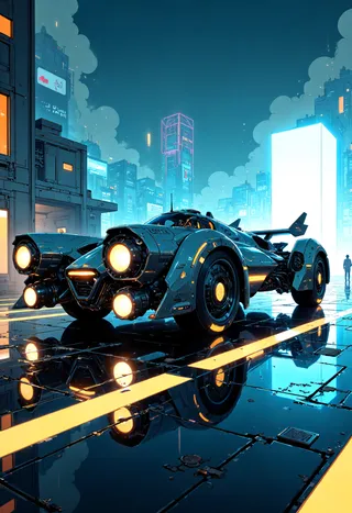 A sleek, racing hovercraft with an angular design and glowing circular engines, parked on a reflective neon-lit platform in a futuristic cyberpunk cityscape under dynamic lighting.