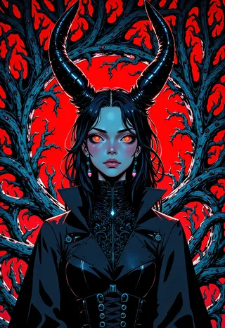 A detailed gothic vampire with glowing crimson eyes, porcelain skin, and large black horns stands against a red background framed by black roses and silver thorns.