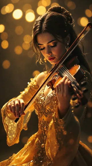Close-up of a musician wearing a luxurious golden dress playing a polished violin in a dimly lit concert hall with warm bokeh lights.