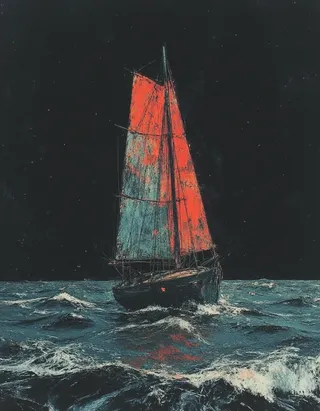 Dark digital art of a sailboat with red and blue sails navigating through heavy sea waves at night in a surreal and abstract style.