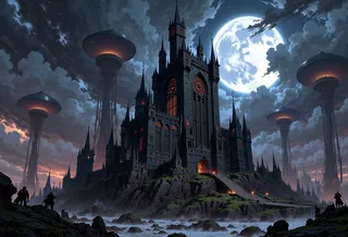 Tall dark gothic castle illuminated by warm orange lights, surrounded by large futuristic spheric guard towers, under a bright full moon with a misty rocky landscape.