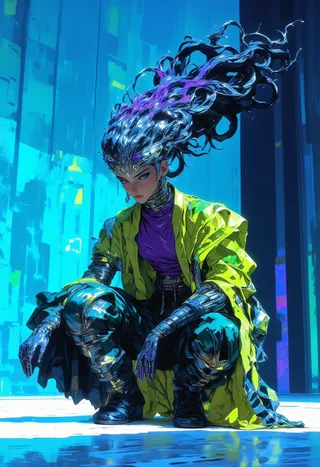 Digital artwork of a futuristic female model squatting with flowing chrome hair, wearing a fluorescent green overcoat and metallic armor under neon-lit urban background.