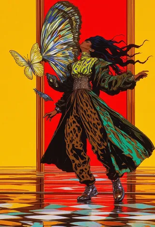 A female model in avant-garde fashion with flowing hair and a butterfly wing, wearing leopard trousers and a dramatic coat against a vibrant yellow and red background with a reflective multicolored floor.
