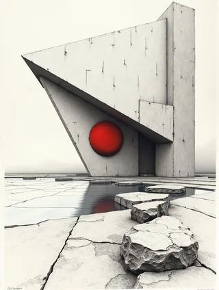 Pencil sketch drawing of a large tilted Bauhaus-style concrete structure with simple geometric shapes and a prominent red circle, set against a cracked stone foreground and a reflective water surface.