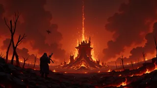 A dark warrior stands on a fiery hellish battlefield with burning lava and a menacing castle erupting flames under a stormy, smoky sky.
