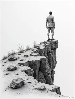 Black and white pencil sketch of a man standing at the edge of a rocky cliff, rendered in a surrealism style with intricate graphite details.