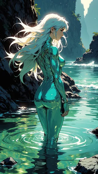 Anime-style female character with flowing white hair wearing a shimmering blue-green bodysuit standing waist-deep in water near dark rocky shores, bathed in soft lighting and dreamy atmosphere.